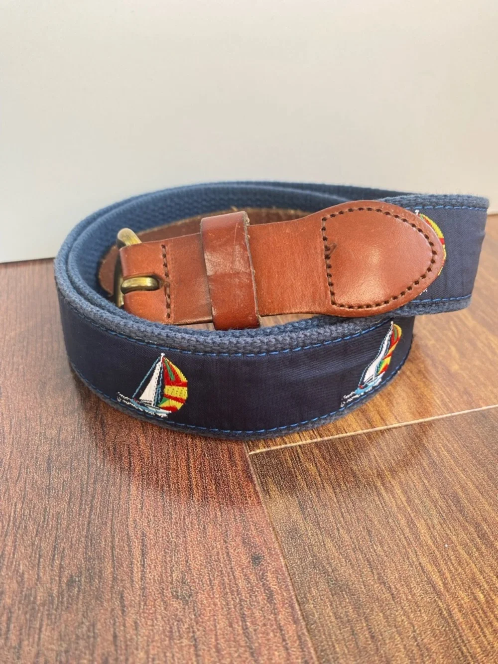 Leather Man Essex CT Cotton Webbing Sailboat Belt Men’s 38 Brass USA